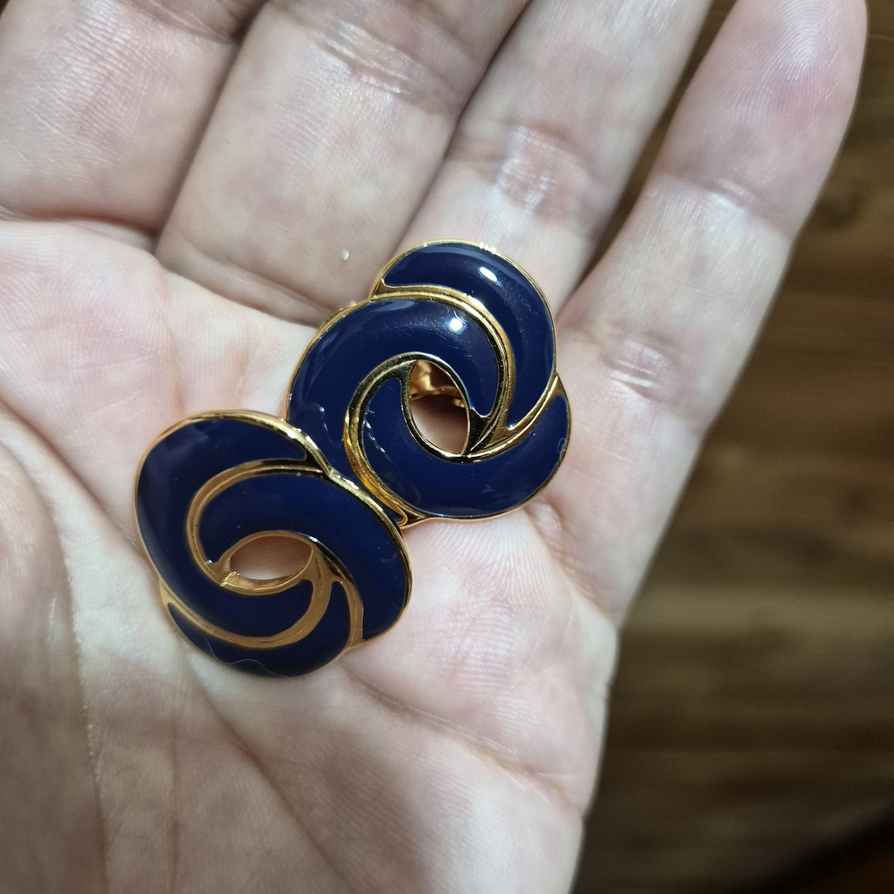 Monet Navy Blue and Gold Swirl Clip-On Earrings